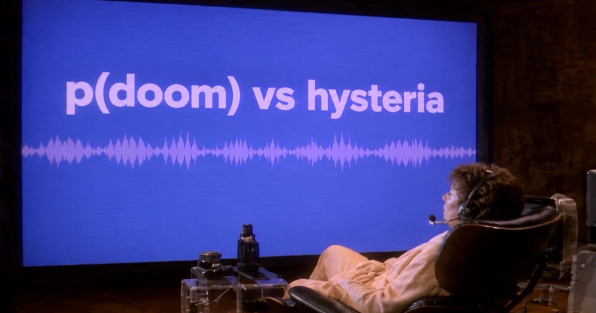 A person in a headset before a wall-sized screen reading “p(doom) vs hysteria”. AI-generated illustration.