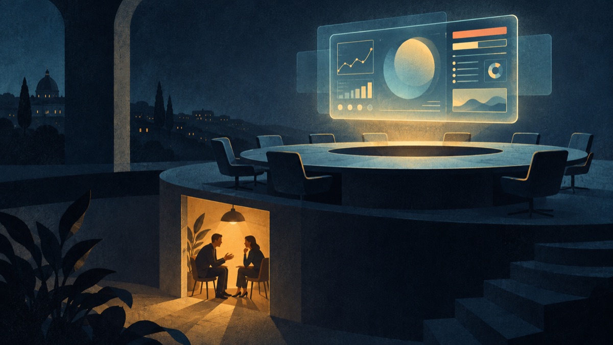 Two people talk in a lit alcove beneath an empty boardroom table and a floating screen of charts at night. AI-generated illustration.