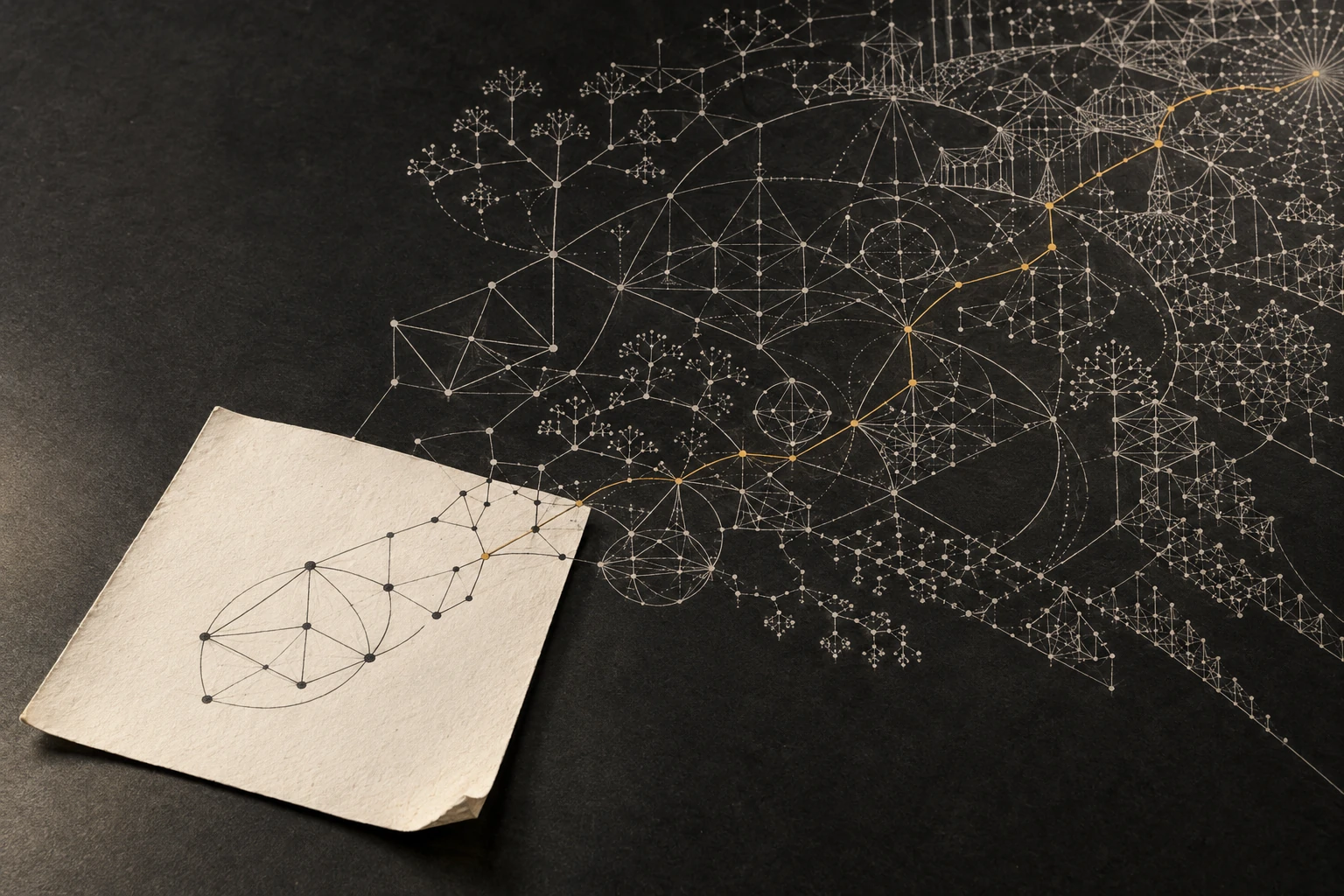 A small graphite graph on paper opens into a vast network of mathematical connections, with one amber route through it.
