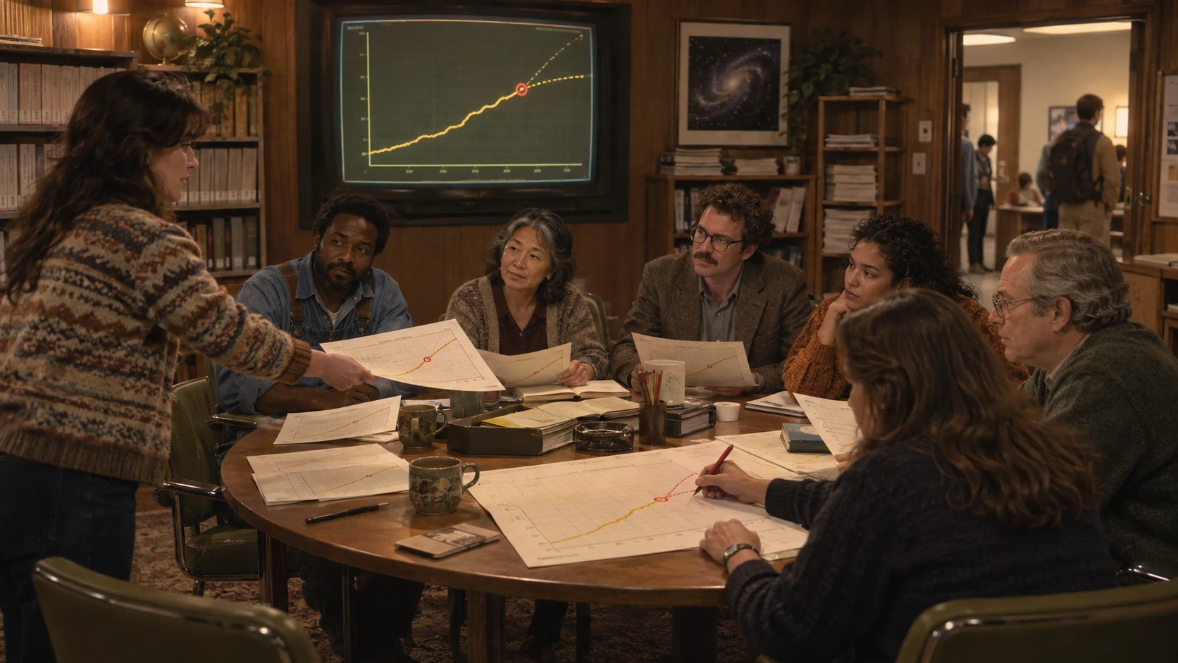 An envisioned public AI accountability institution: diverse participants around a review table inspecting trajectory charts against an anomaly on screen.