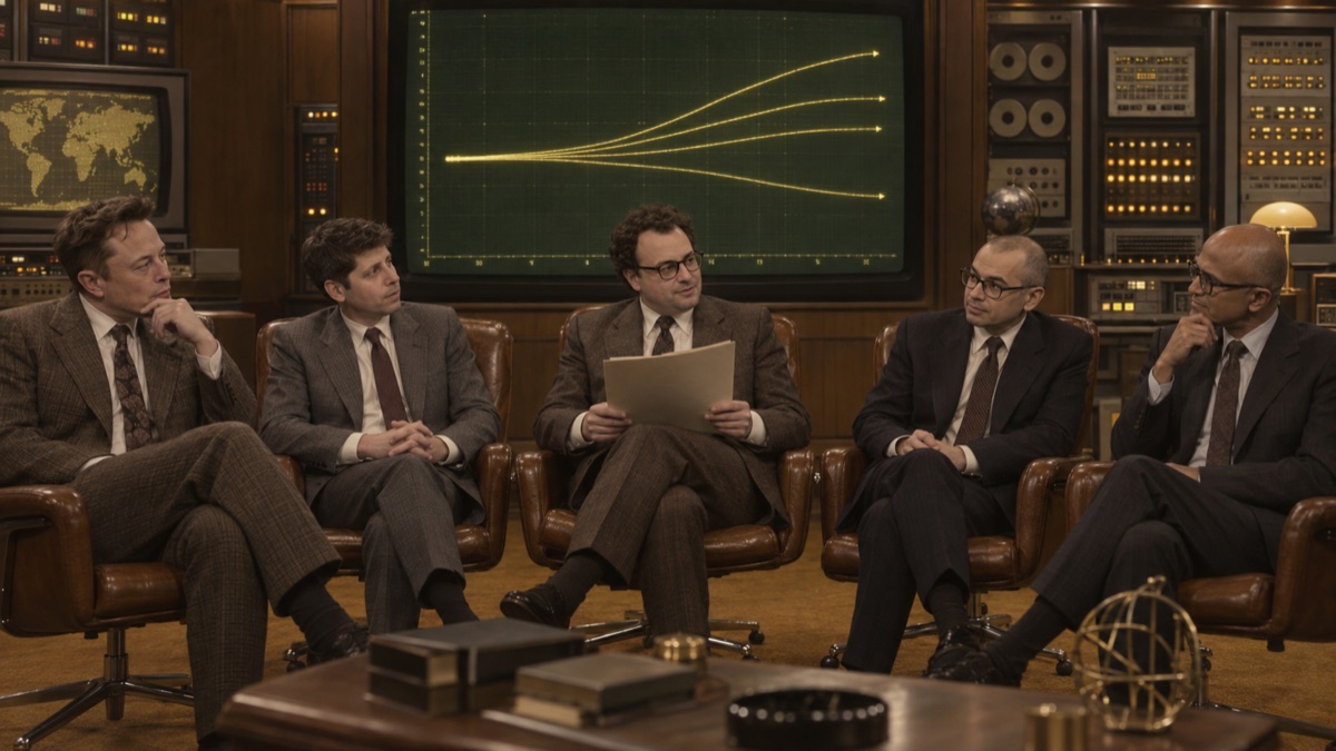 The five frontier lab leaders in conference in a satirical tableau, with diverging capability paths behind them. AI-generated illustration.