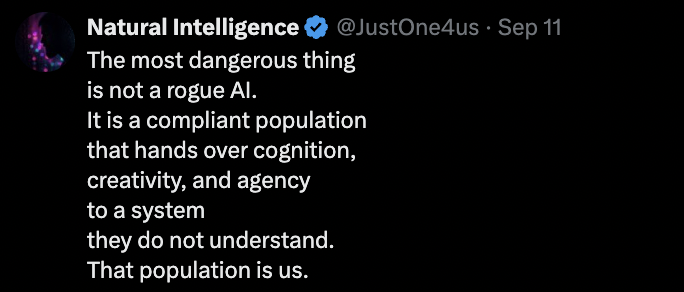 Post by Natural Intelligence: The most dangerous thing is not a rogue AI. It is a compliant population that hands over cognition, creativity, and agency to a system they do not understand. That population is us.