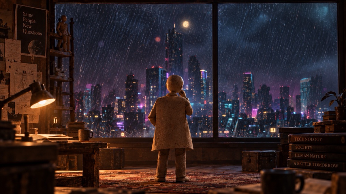 A clay figure at a rain-streaked studio window above a neon skyline. AI-generated illustration, not a photograph.