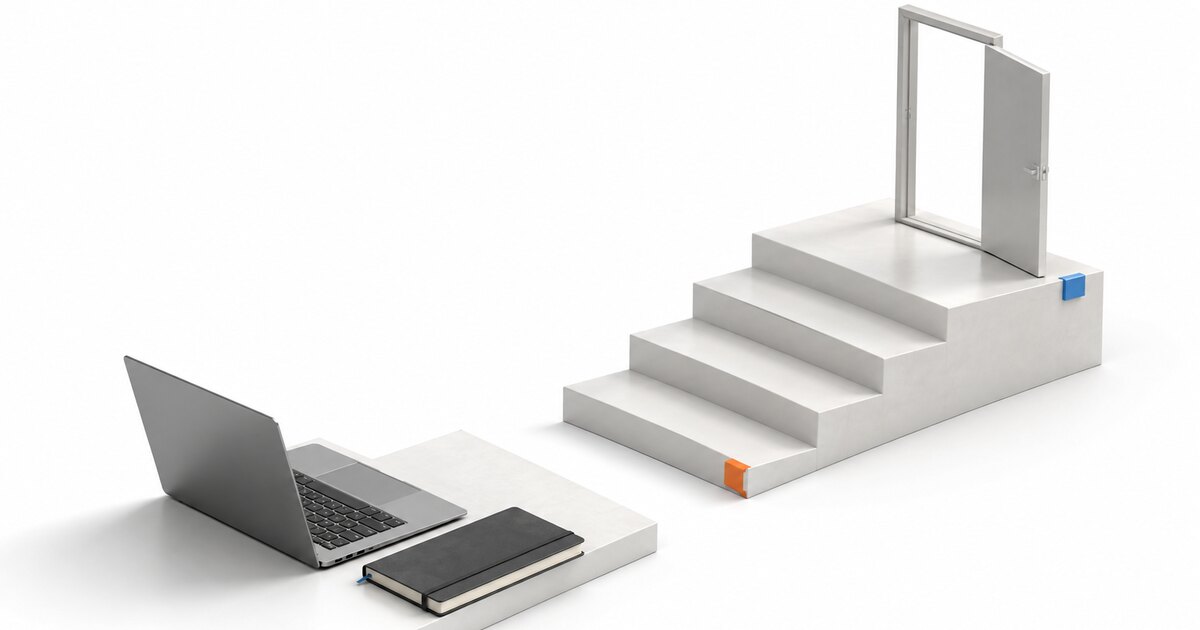 An unbranded laptop and notebook face a short intact staircase whose first connecting step is missing, with an open doorway beyond.