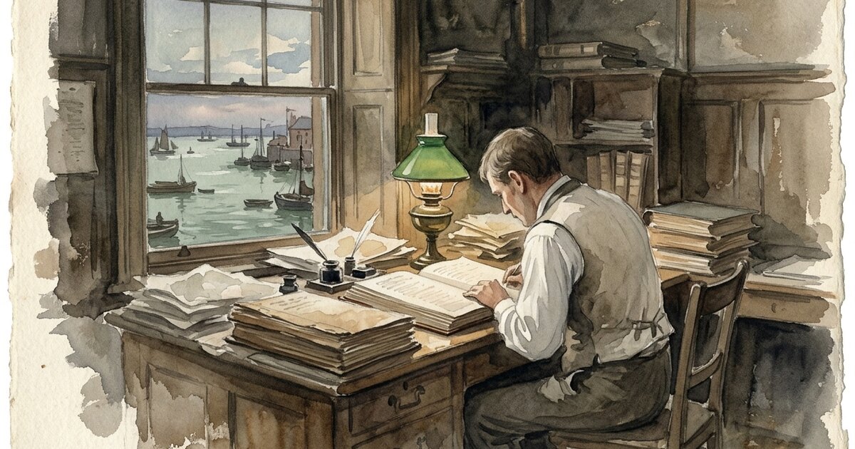 Watercolour of a harbourmaster's office overlooking an estuary, where a clerk works through a tall stack of ledgers by the light of a green-shaded lamp.