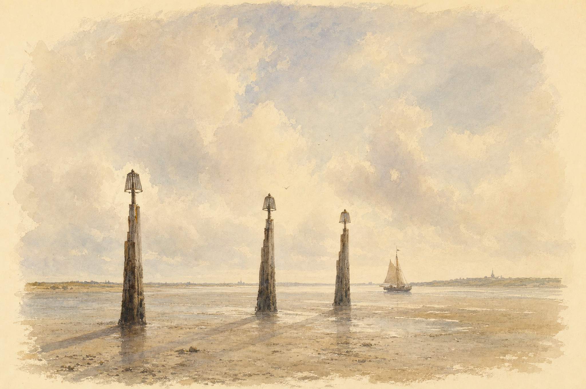 Watercolour of three channel-marker posts standing in a line across a calm sandy estuary at low tide, each casting the same long shadow, a small boat passing beyond them.