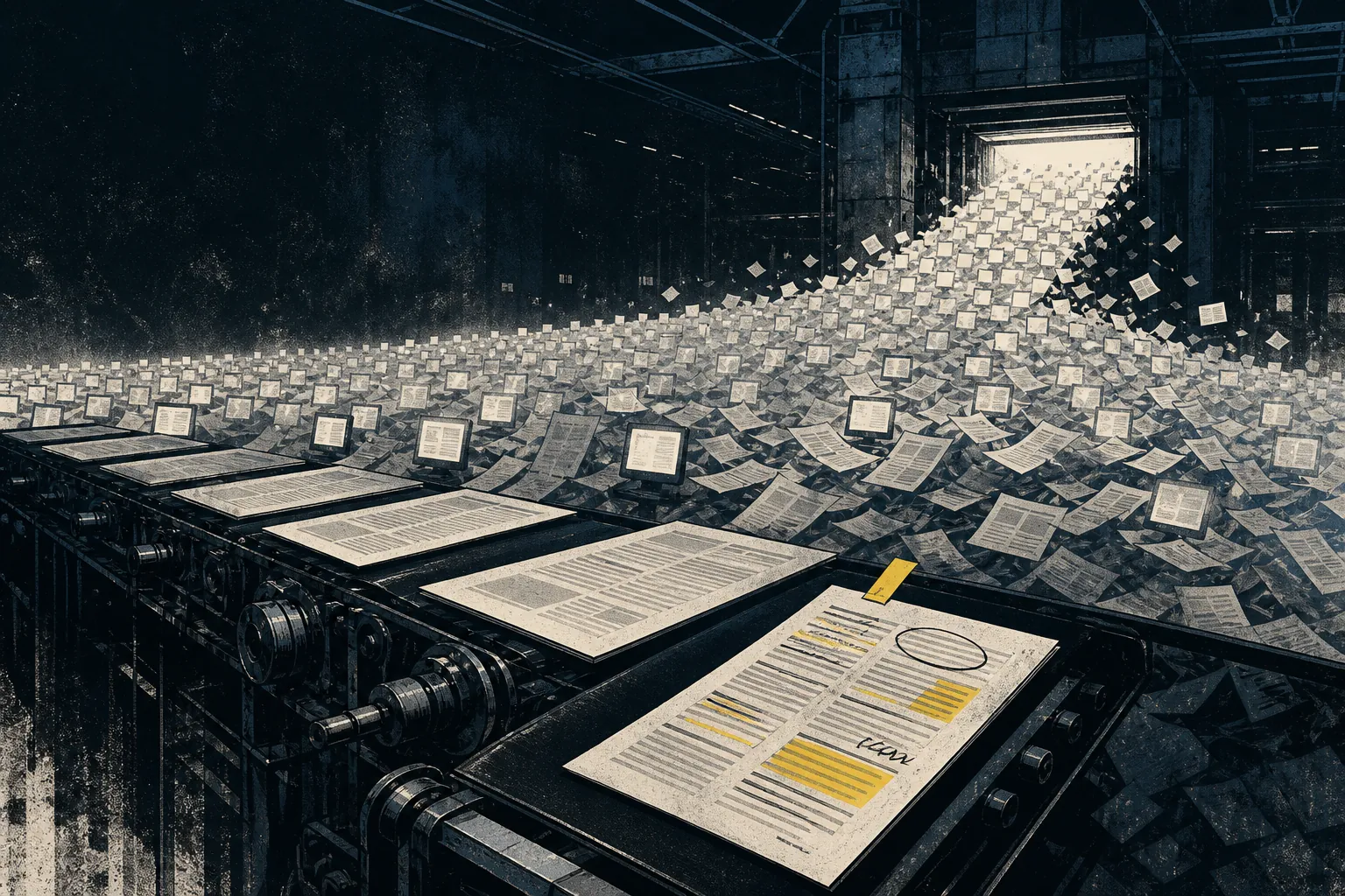 A project-original industrial scene in which printing presses feed a flood of repeated pages and screens, with one page visibly marked for review.