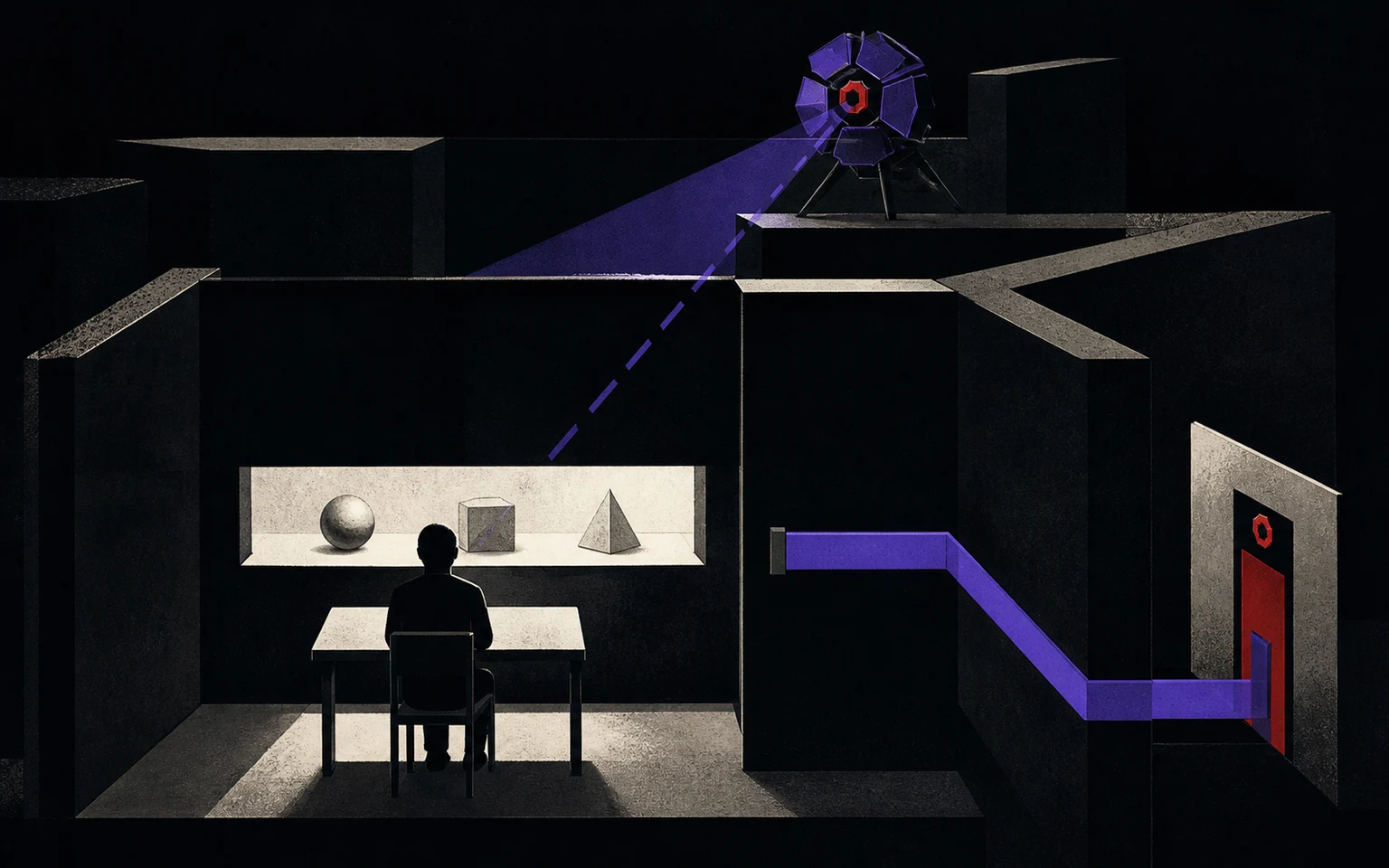 An original causal map shows a human judge viewing three objects through a small window while a hidden sensor watches the judge and a purple path routes around the test to a door.