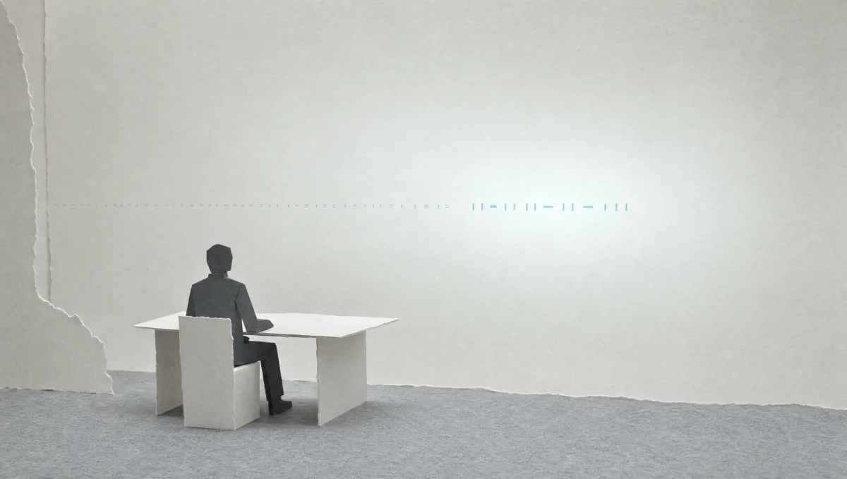 An original paper diorama: an anonymous graphite hand under a warm amber lamp holds a small plain gray block on a bare table, while the faintly glowing pale wall above still carries one line of unreadable marks; at the far left a small gray paper strip with the same marks, dimmer, enters the frame. The glowing wall is a symbolic stand-in for the ship's computer. The hand is a generic, low-detail hand with no likeness of any performer.