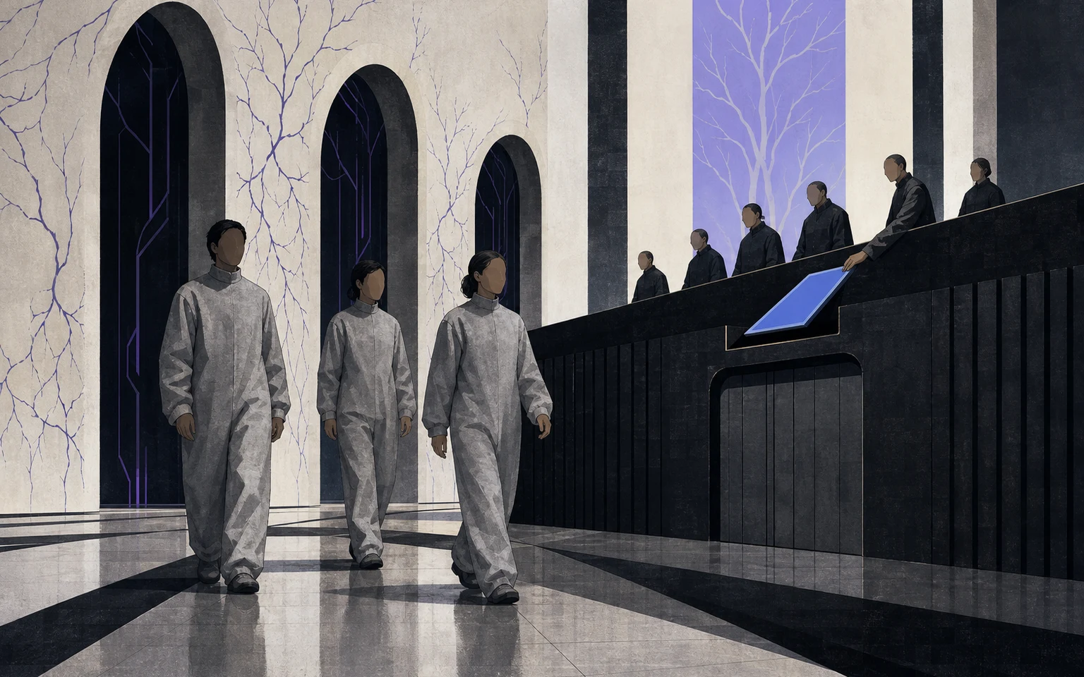 Three fully clothed people leave arched biological production chambers while officials sort them from behind a high black rail.