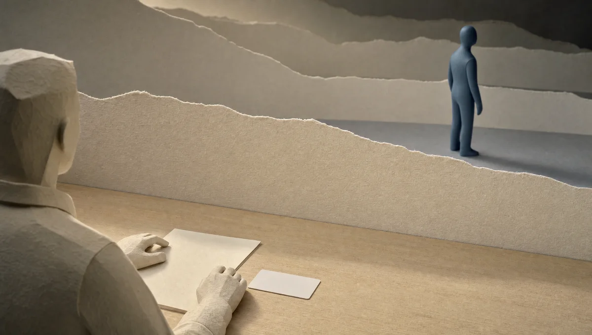 An original paper diorama, seen over the shoulder of an anonymous seated man: his hands rest on a plain wood table beside a face-down page and a blank access card, and beyond a low opaque partition a faceless figure of smooth slate card stands turned toward the edge of the frame. The seamless slate figure is the story's symbol for Ava, a machine the evaluator cannot see inside.