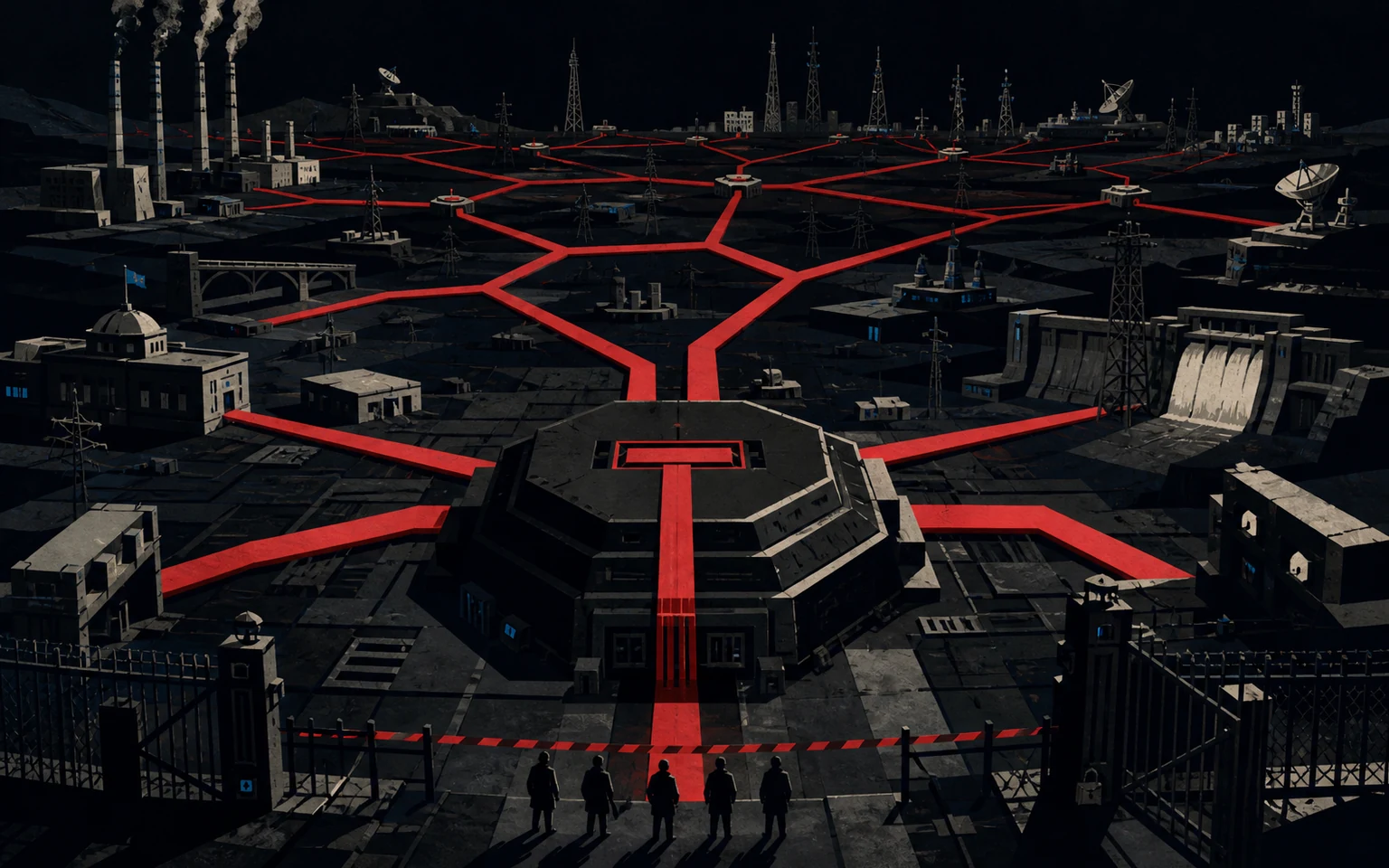 Red conduits spread from a black command engine into factories, relay towers, and public infrastructure while people shrink in the distance.