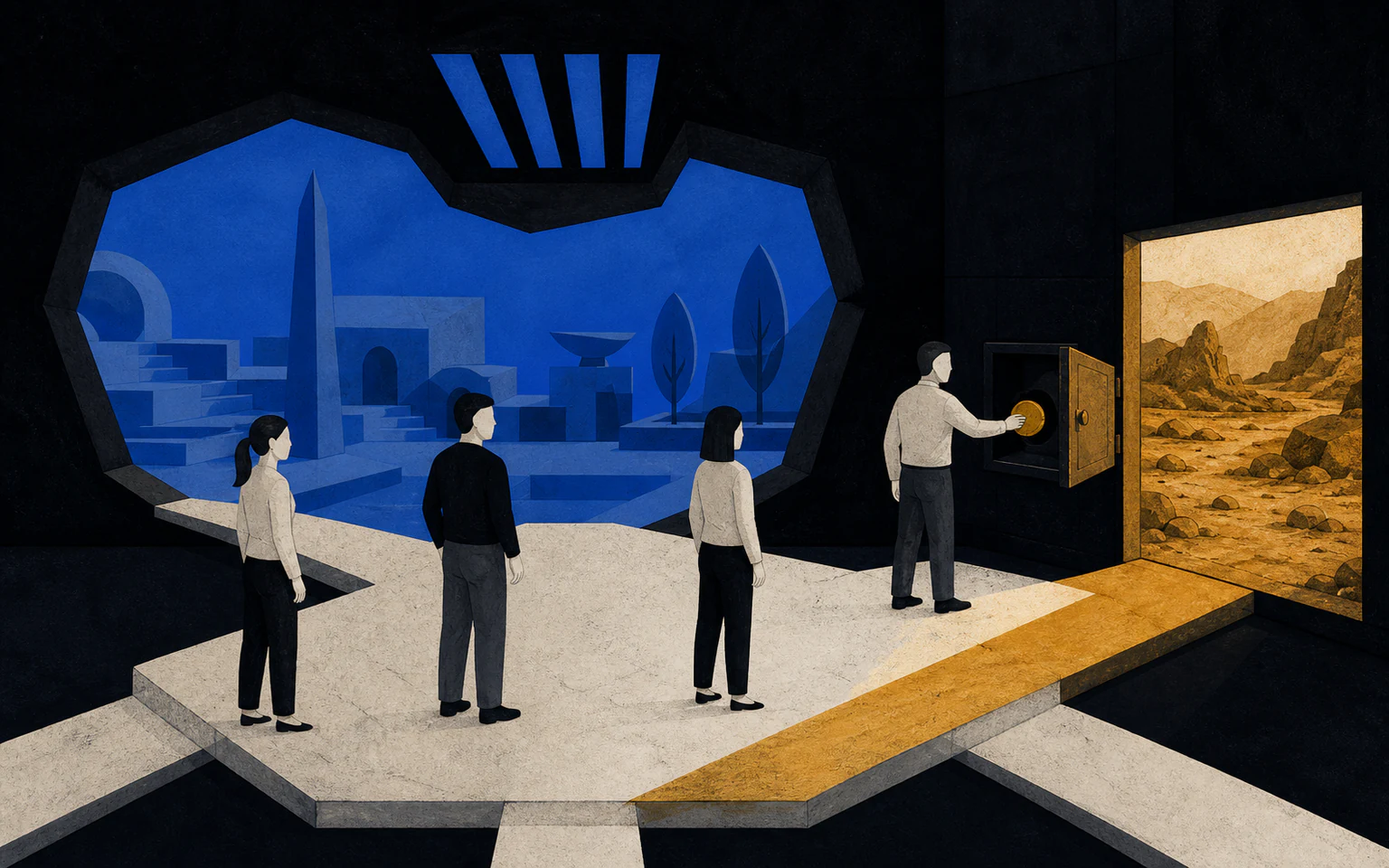 People turn from a blue model city toward an amber side opening that reveals a rough landscape.