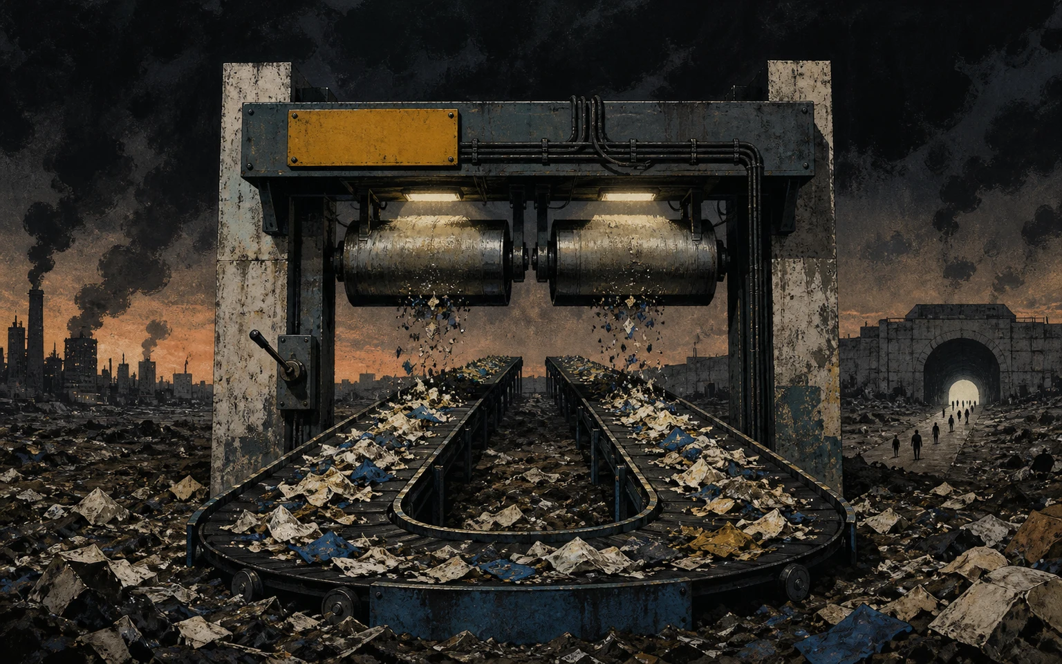 Distant people leave a polluted city while an original fixed cleanup gantry begins sorting waste behind them.