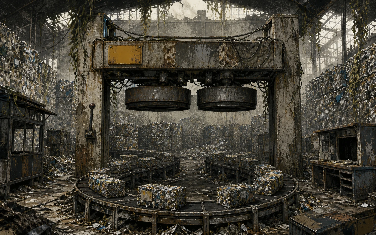 An aged cleanup gantry repeats the same empty route between towers of waste with every human station abandoned.