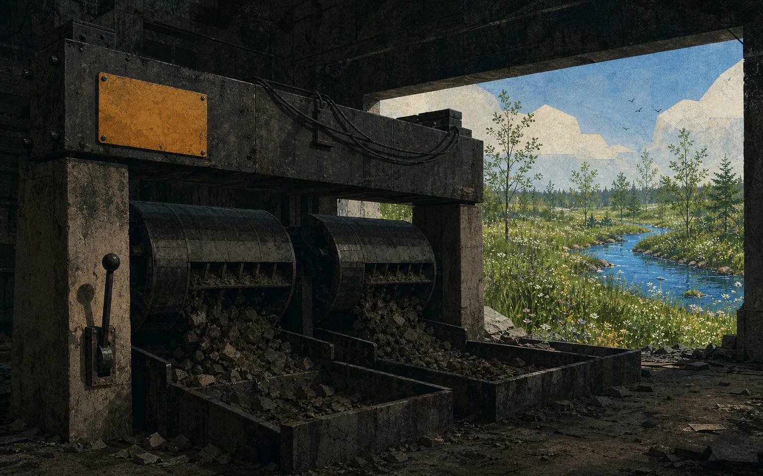 A hypothetical future shows wild plants and clean water beyond an old cleanup loop while a dusty update lever remains untouched.