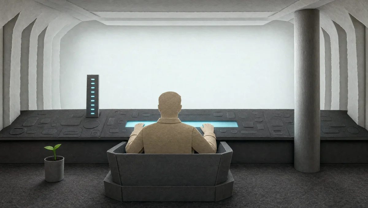 An original paper diorama: seen from behind at seated eye level, an anonymous figure of matte sand-colored card sits in a deep plain seat at the center of a cool, symmetrical paper bridge, hands on the one narrow cyan-lit band of a dark console, beside a narrow status column repeating the same unreadable mark down its length; a soft wall of pale light fills the room ahead, an unlit metal column stands to the right, and a small metal cup with a green shoot sits on the floor. The cyan light is the symbolic mark of the ship's machines; the figure is a generic, low-detail figure with no facial features and no likeness of any performer.