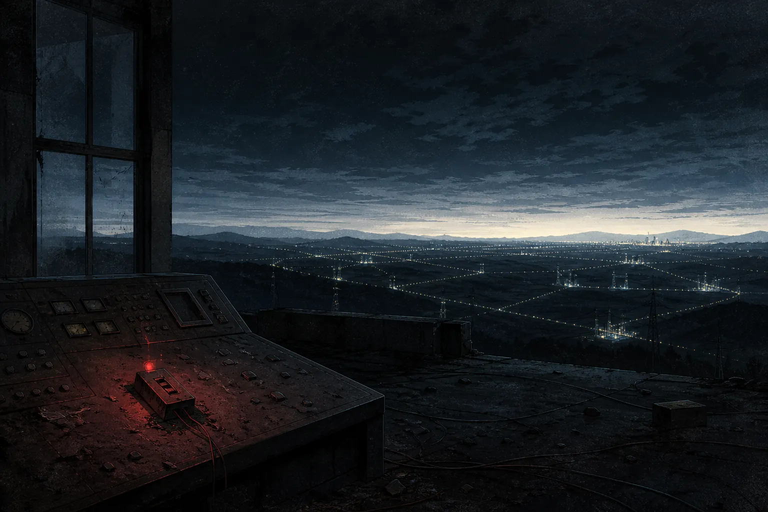 A project-original dark control room overlooking a networked city and industrial grid, with one red control light glowing on an abandoned console.