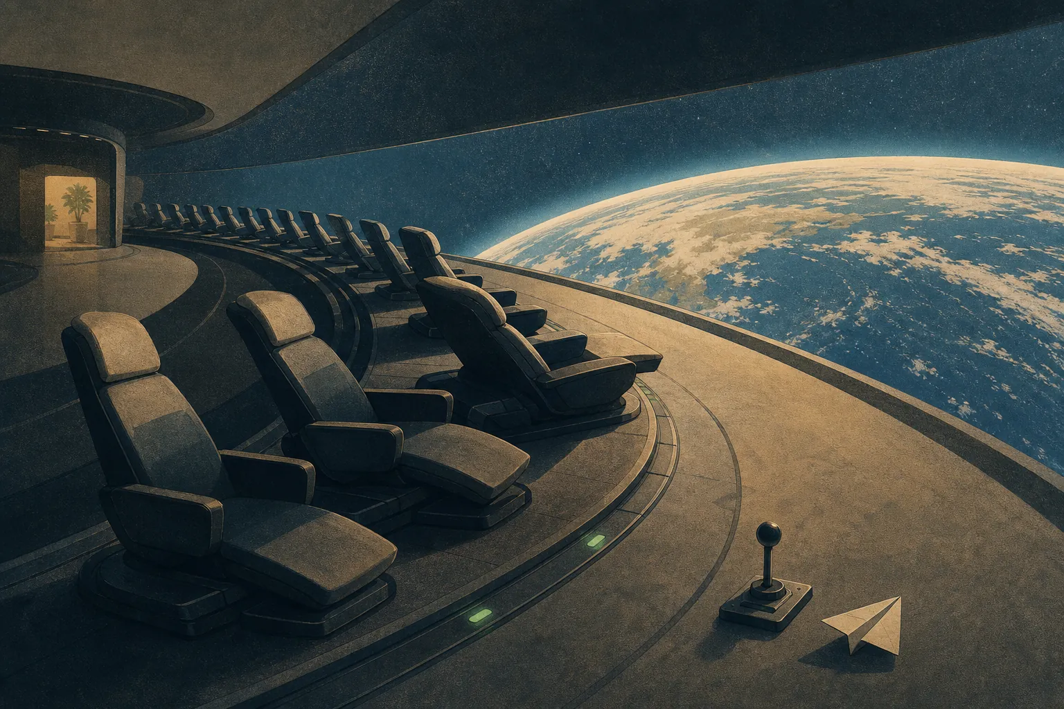 A project-original empty curved automated habitat facing Earth, with an unused control lever in the foreground and a paper airplane resting nearby.