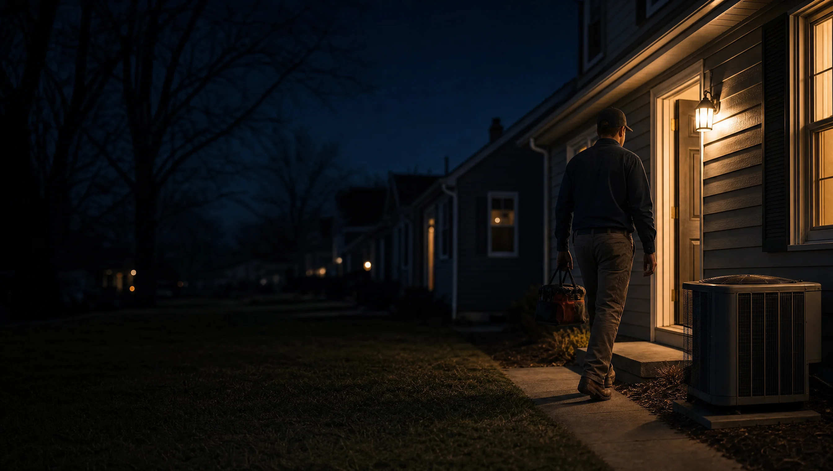 A home-service technician arriving at a house after dark