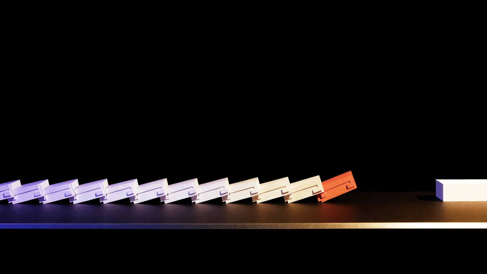 A long row of falling relay pieces stops at one tilted red piece before reaching the final block.