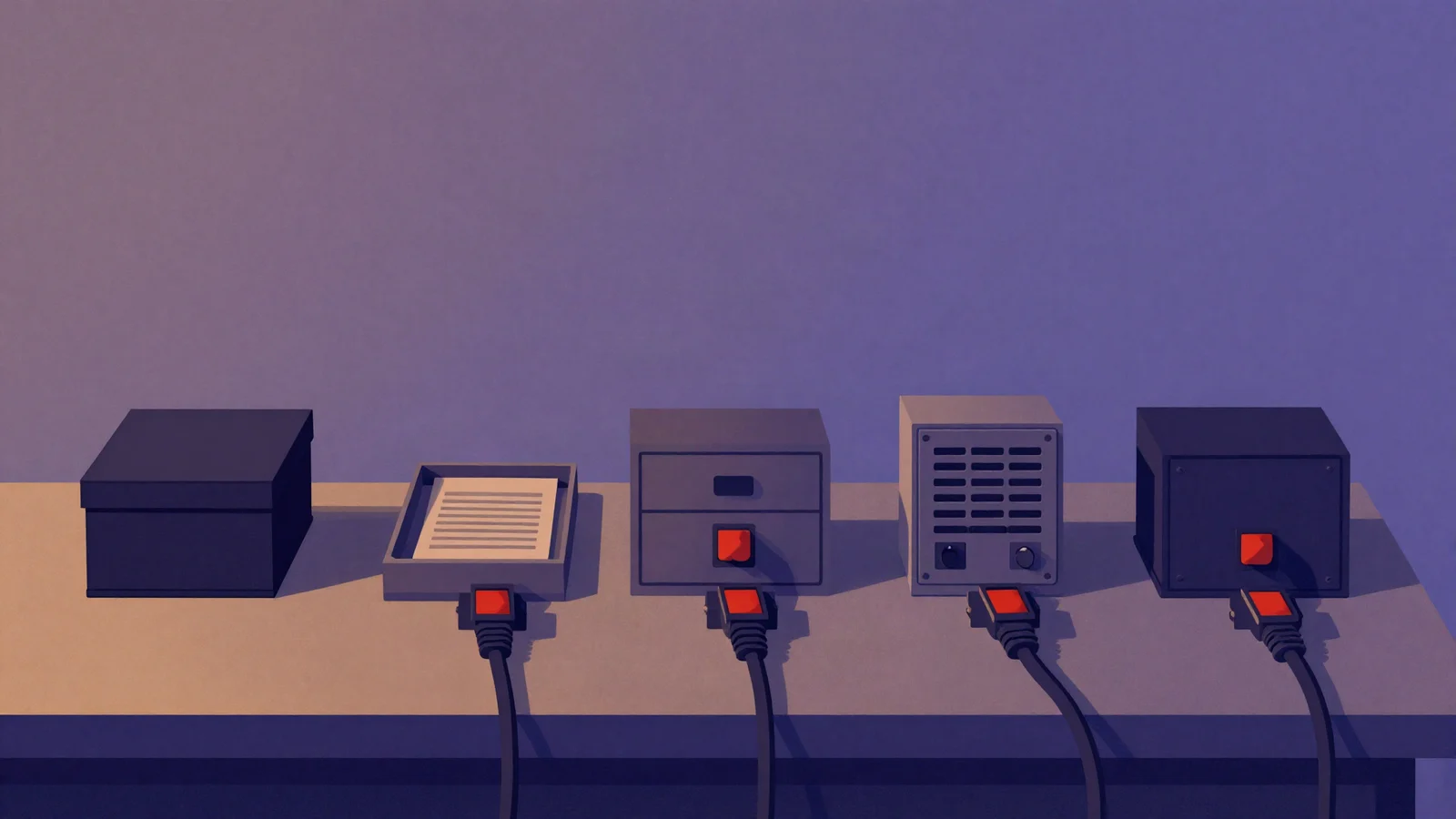 Several ordinary devices sit on a workbench, each connected through its own red switch.
