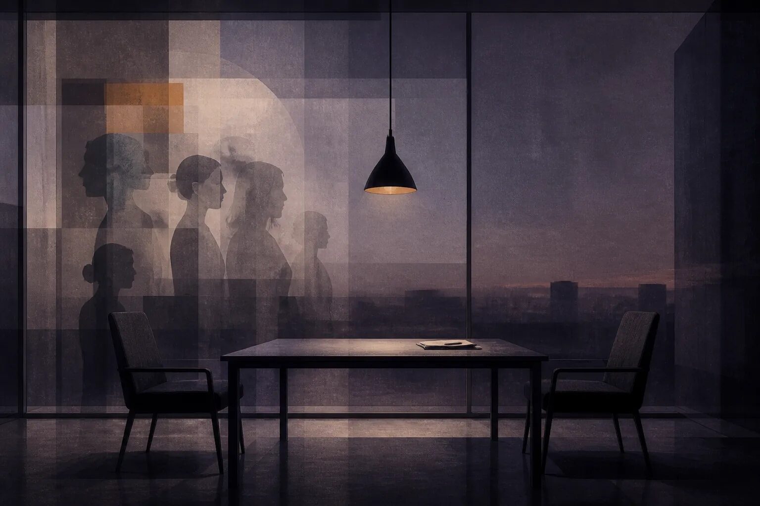 An original glass test room with empty chairs and overlapping silhouettes, showing that the tester is also part of the test.